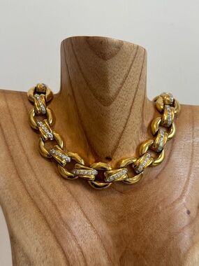 Vintage Gold Plated Chunky Chain Collar Necklace with Swarovski Crystal Links